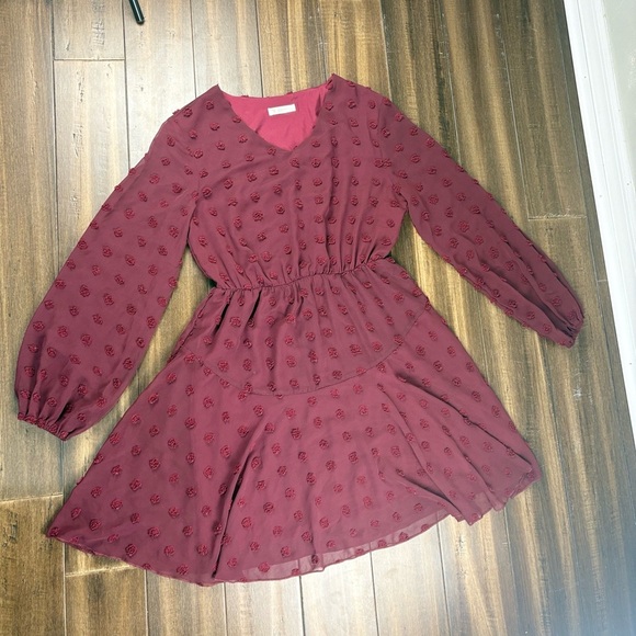 NWOT Midi Dress M Burgundy Long Sleeve Chiffon Elastic Waist Cute Guest Holiday - Picture 1 of 8